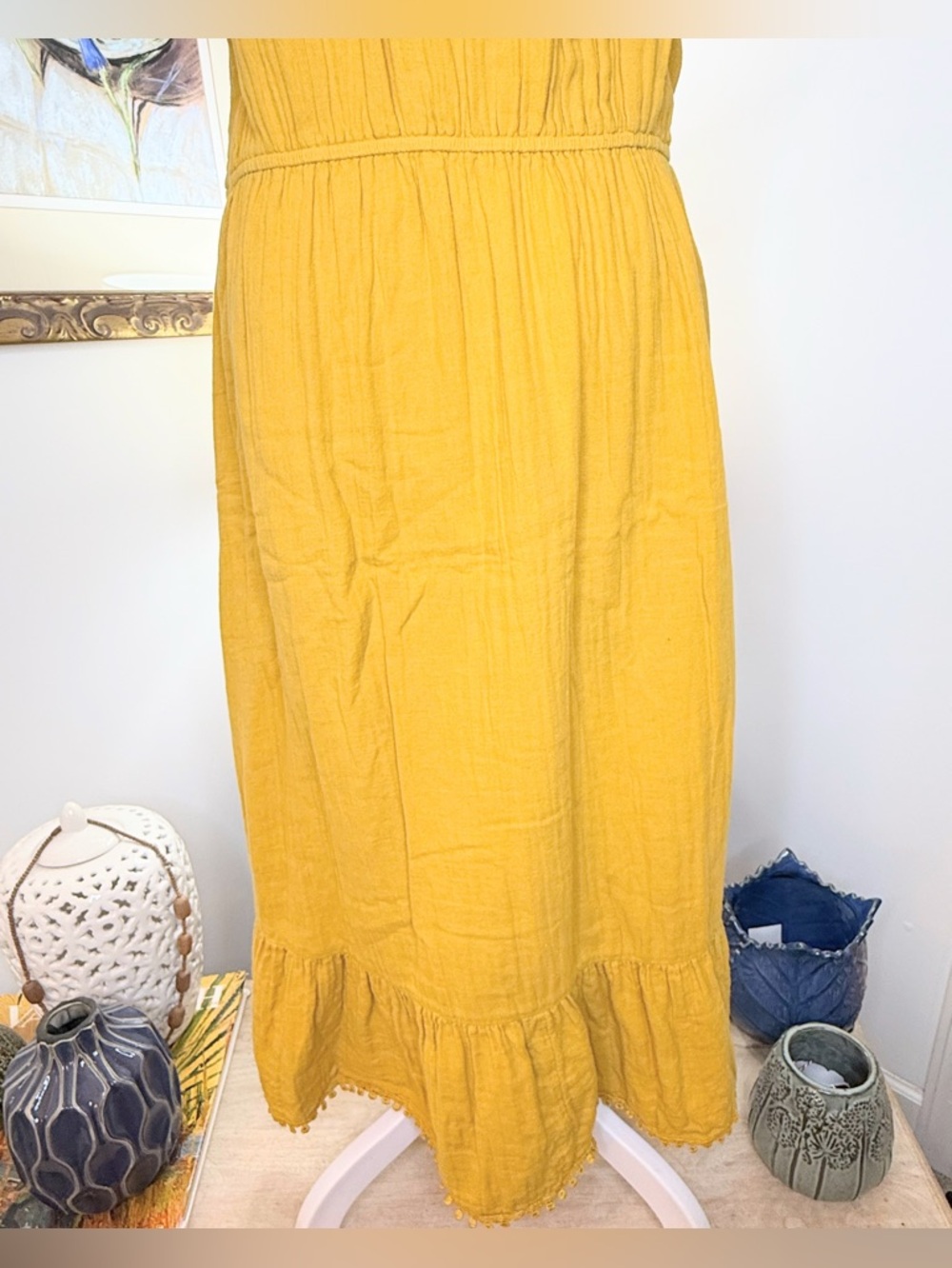 Time Tru Yellow Cotton Gauze Midi Dress L 12 14 Boho Tiered Summer Beach - Picture 7 of 7